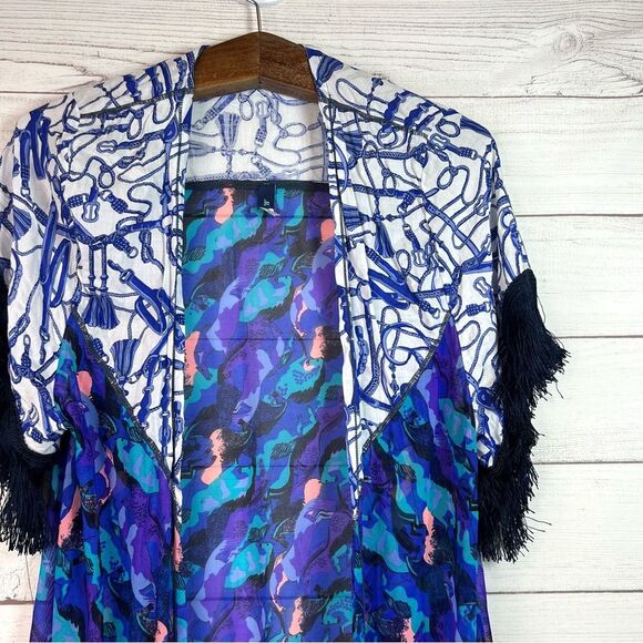 Maaji Multicolor Saddles Equestrian Print Fringe Kimono Swim Cover-up Retro Sz S - Picture 6 of 13